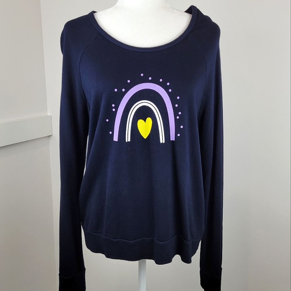 Sundry Navy Rainbow Heart crewneck pullover rayon cotton Small